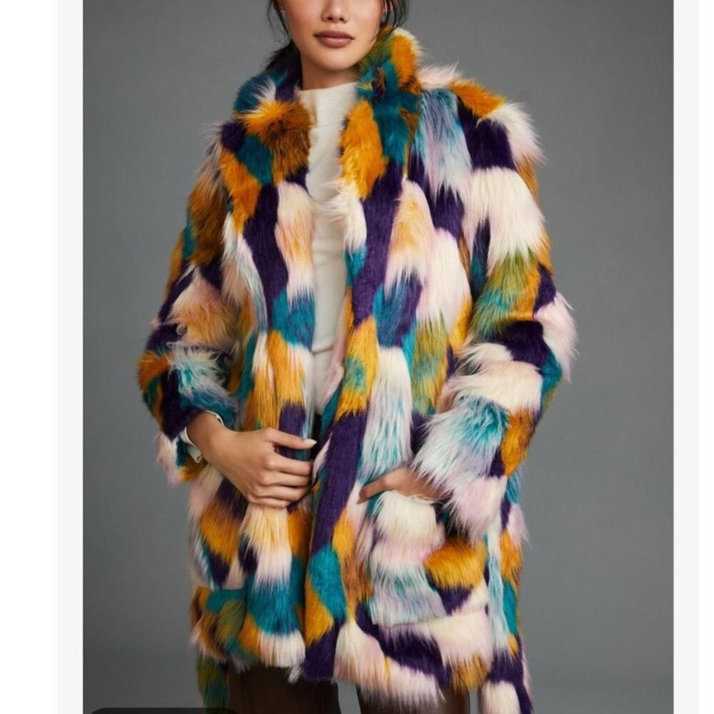 Hutch Multicolor Faux Fur Belted Mid-Length Jacket Sz Large Statement Mob Wives